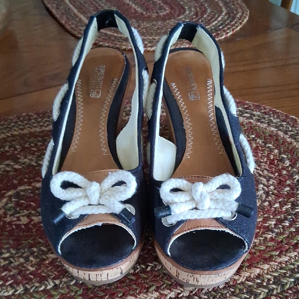 Sperry Black and Cream Espadrille Wedges Sz.8